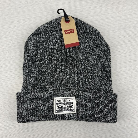 Levi Strauss Mens Marl Gray Logo Brand Cuffed Beanie Hat Cap OSFM NWT - Picture 1 of 4
